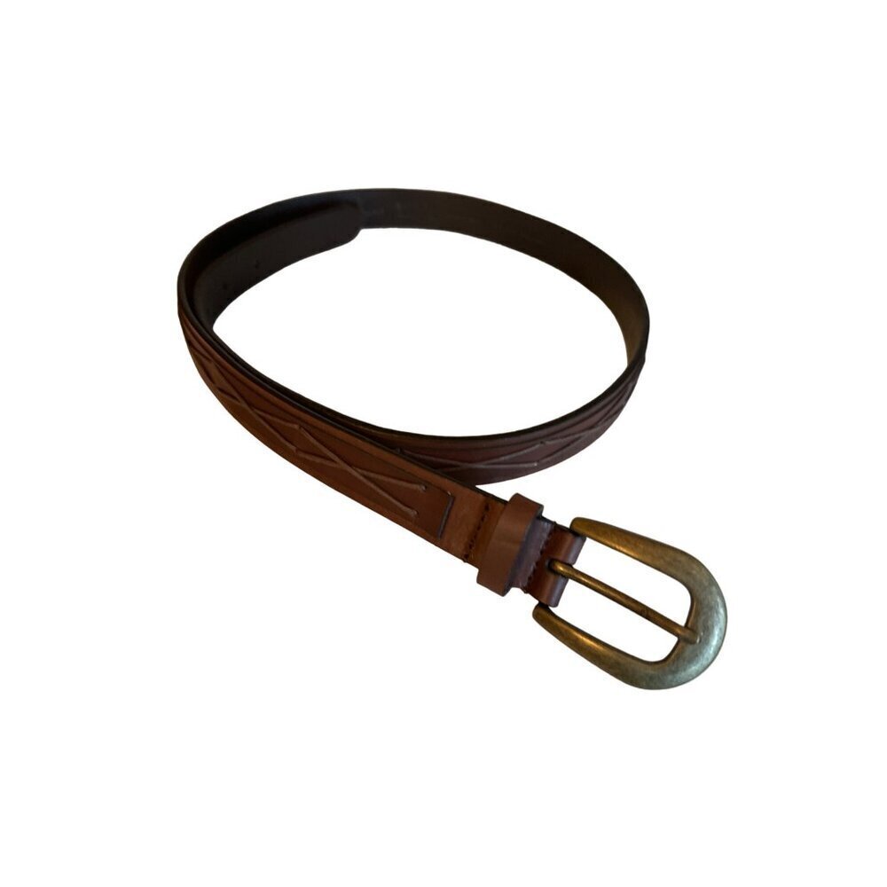 Genuine Leather Belt‎ With Brass Buckle & Geometric Pattern